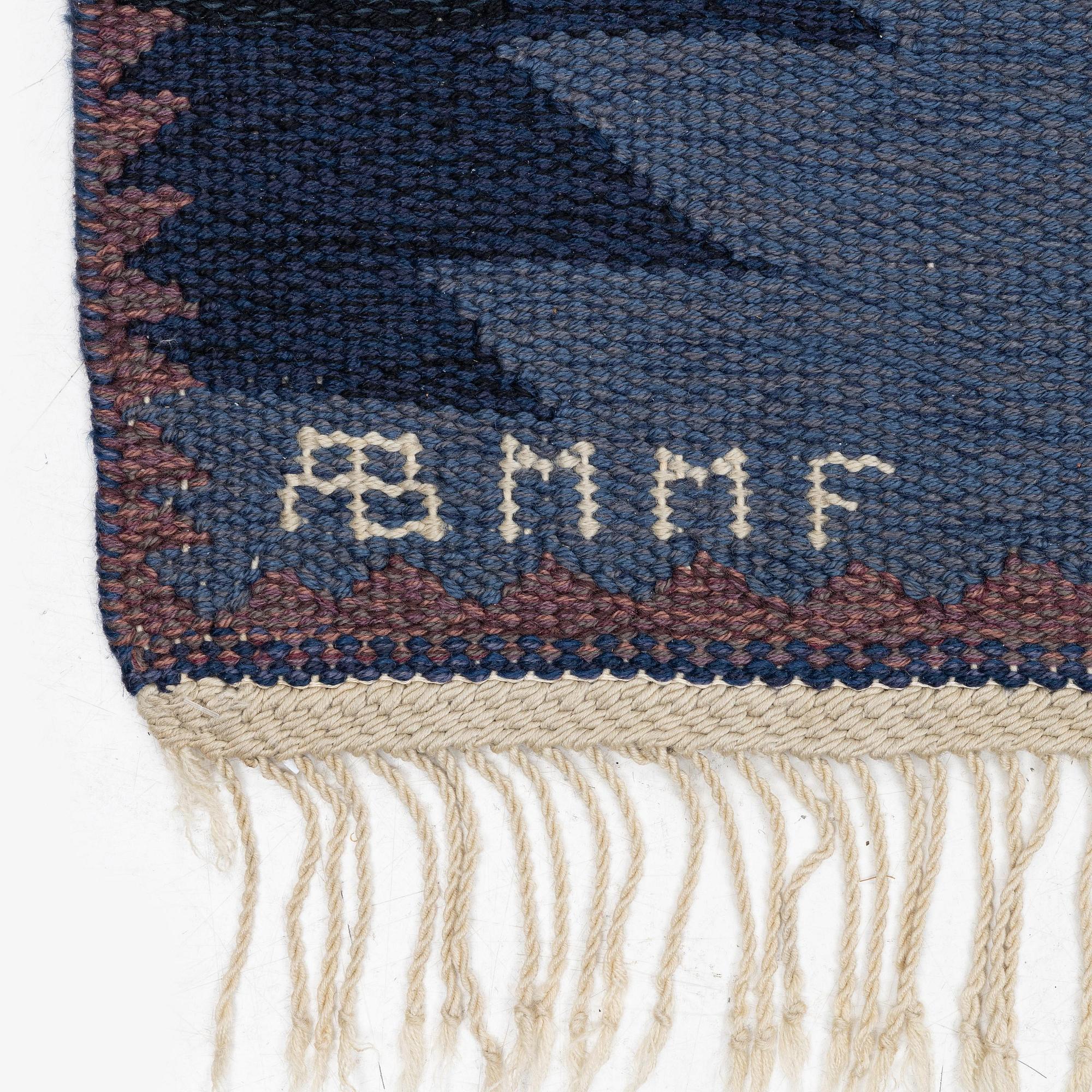 Barbro Nilsson, a carpet, 'Tånga blå', flat weave, c. 300 x 207 cm, signed AB MMF BN.