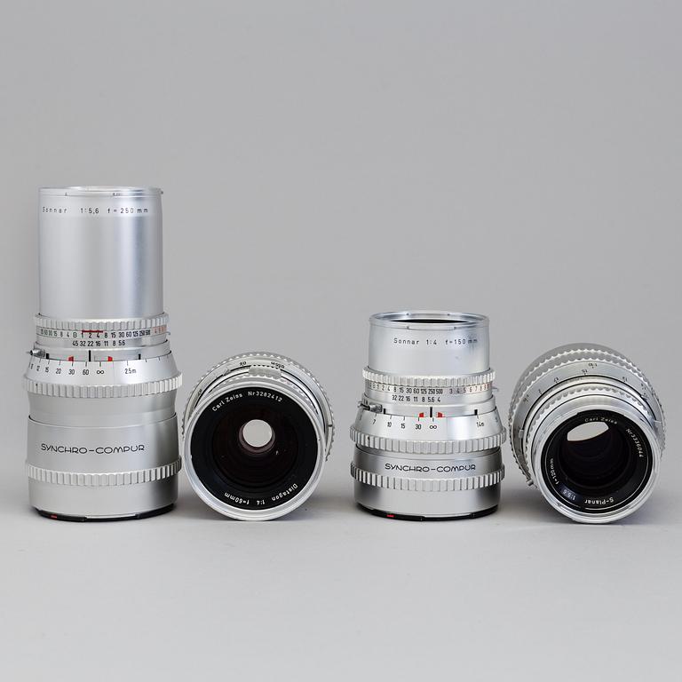 Hasselblad 500/C Camera no TI54816 with from 1964 with five lenses inluding a chrome S-Planar 1:5:6 f=120.