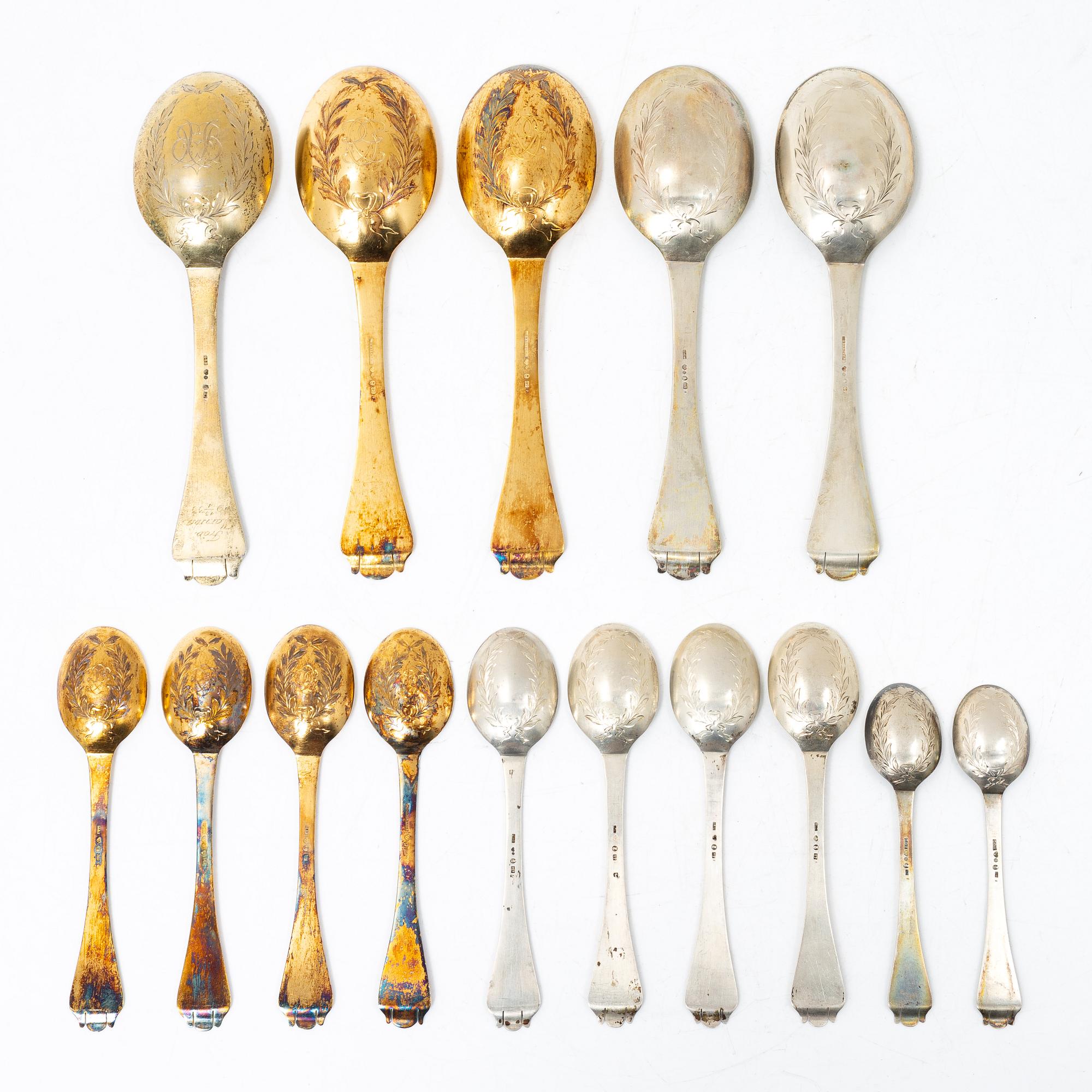 15 silver spoons, of which seven gilt, CG Hallberg, Stockholm, 1911-16.