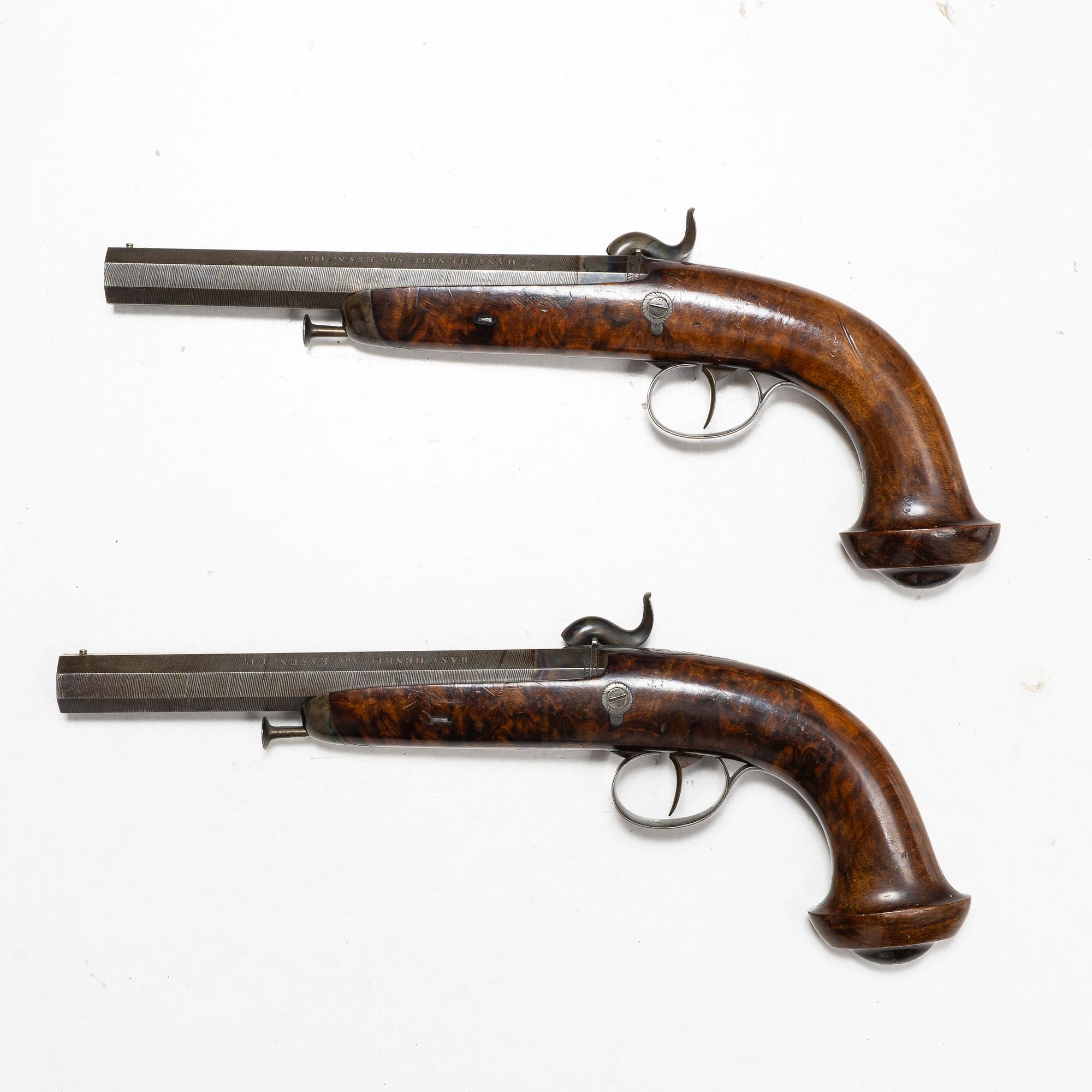 A piar of French percussion pistols, signed Aury, St. Etienne, 1850-80.