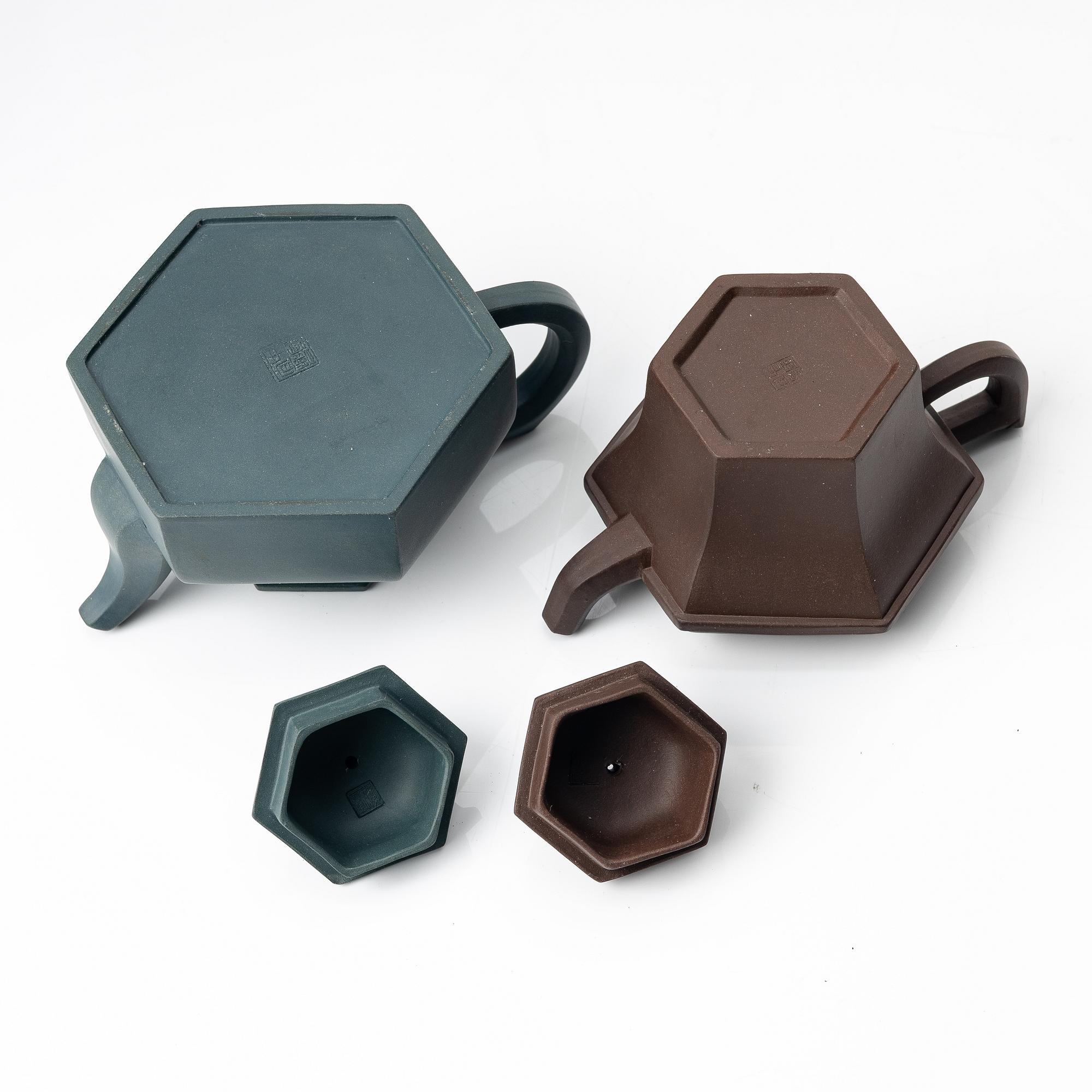Two hexagonal 'gongfu' teapots, yixing, China, 1980s.