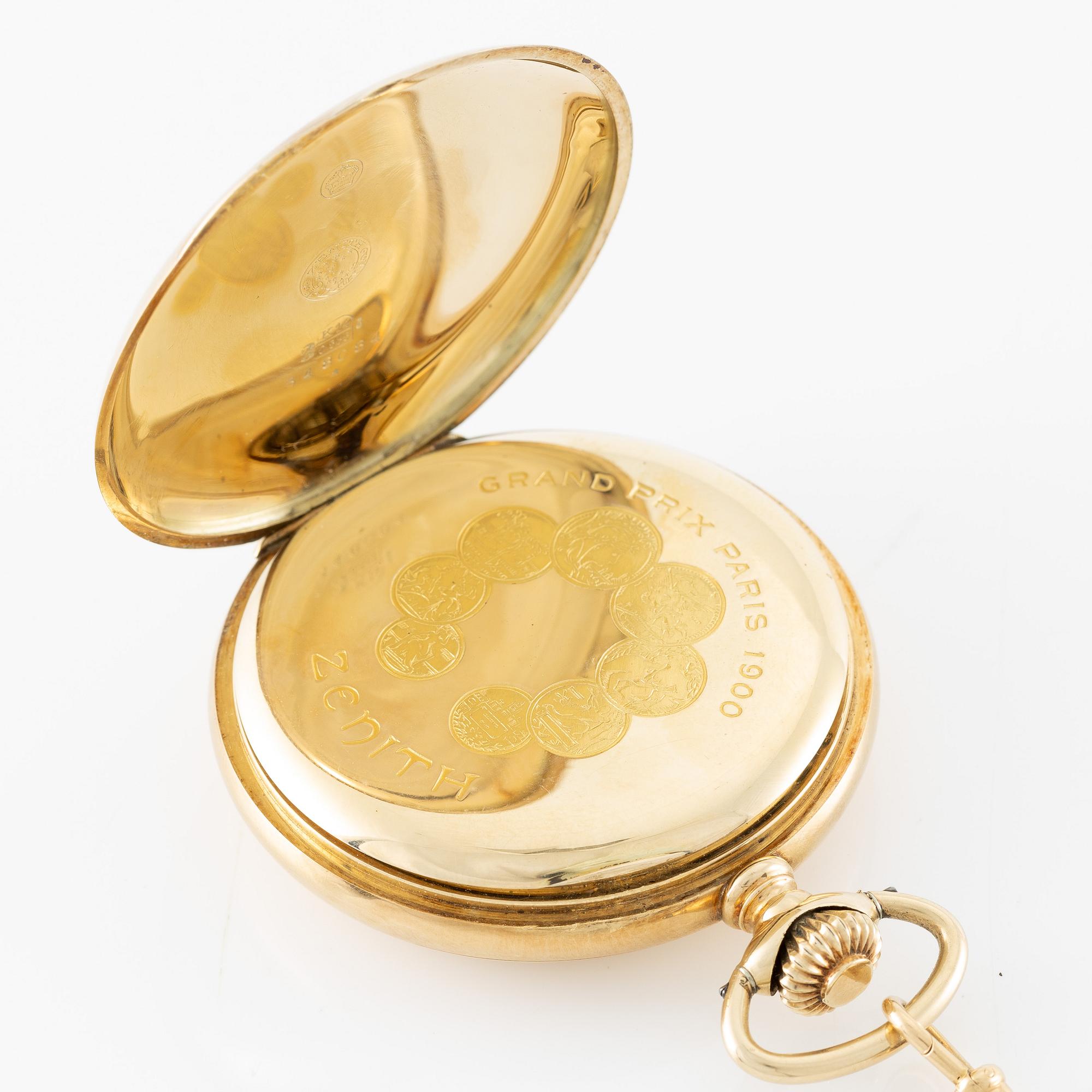 Zenith, pocket watch, 14K gold, hunter, with chain in 18K gold, 51.5 mm.