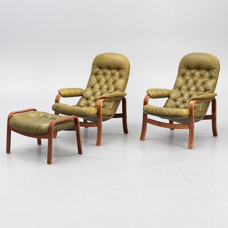 Armchairs, a pair, and footstool, Göte Möbler, Nässjö, Sweden.