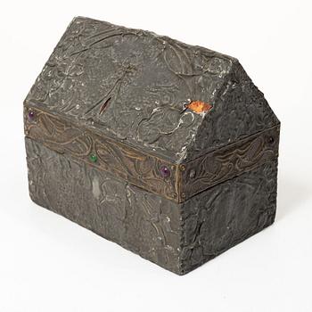 A pewter and copper jewellery box,  with inlaid stones, France, probably circa 1900.