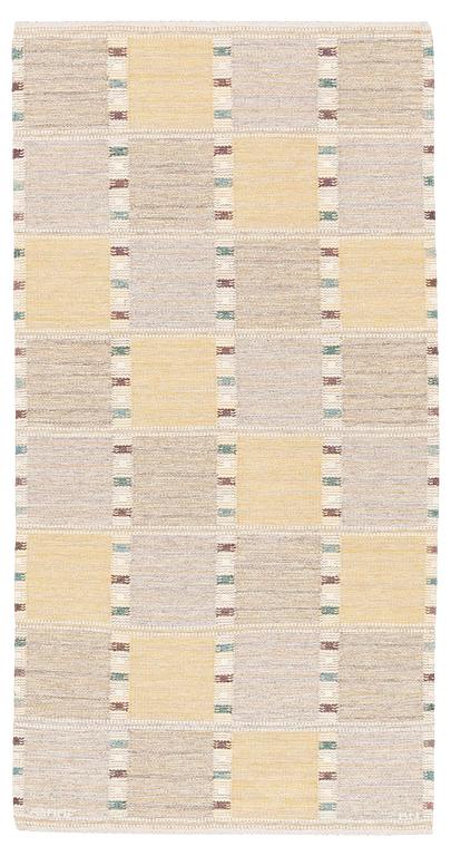 Barbro Nilsson, a carpet, 'Falurutan gul S', flat weave, c. 223 x 115 cm, signed AB MMF BN.