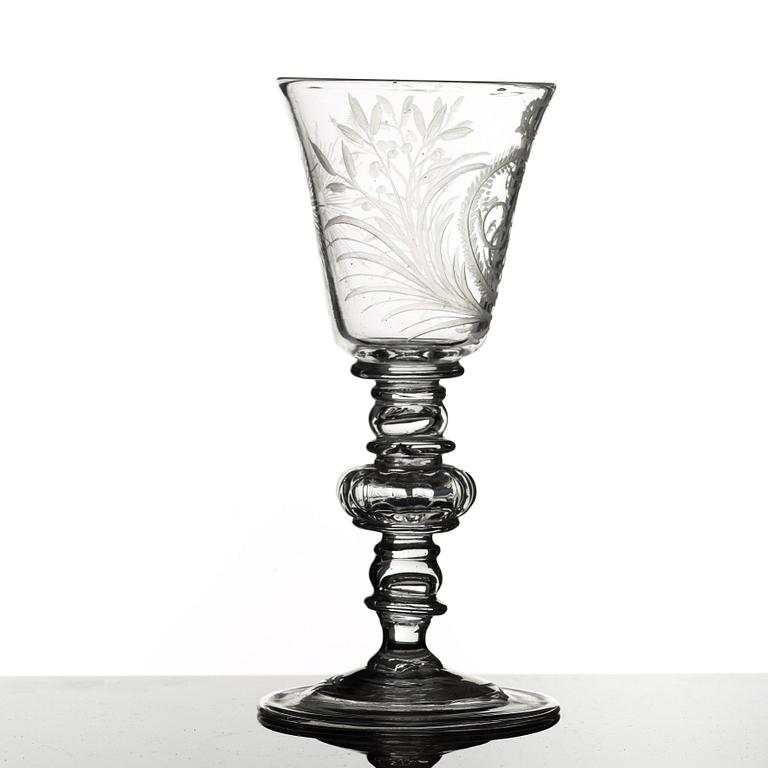 An engraved glass goblet, Kungsholms glasbruk, Sweden, 18th Century.