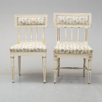 Eight chairs (6+2), late gustavian and late gustavian style, 19th century and ca 1900.