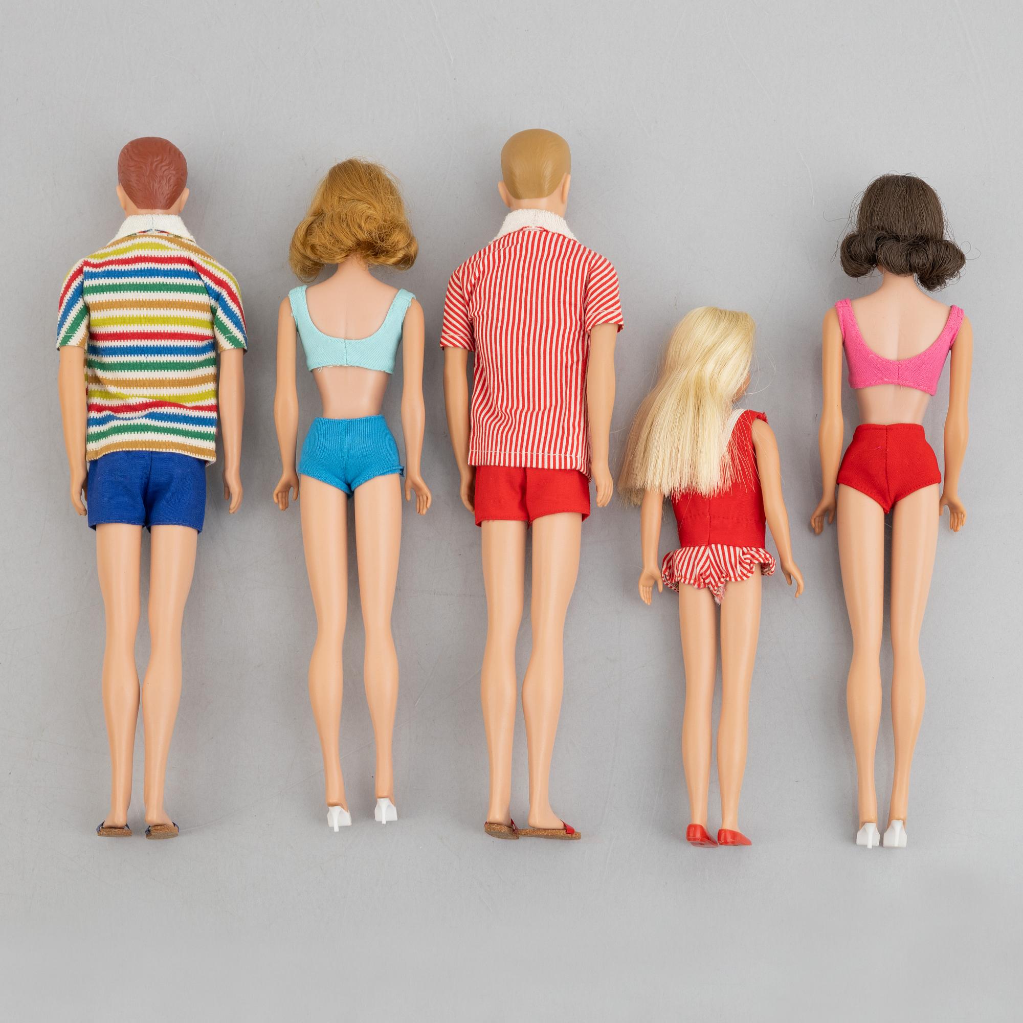 Barbiedockor, 5 st, bl a "Midge", "Skipper" & "Ken", Mattel, 1960-tal.