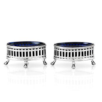 218. A Swedish pair of early 19th Century silver and blue glass salt cellars, mark of Pehr Zethelius, Stockholm 1808.