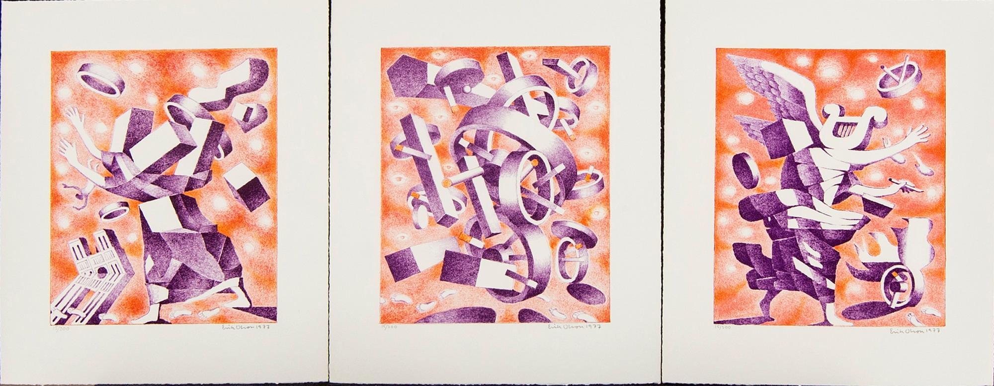 ERIK OLSON, a folder with three colour lithographs, a book and a catalogue, signed  and numbered 15/300 1977.