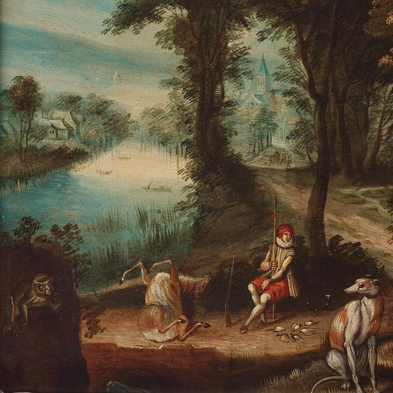 Sebastiaen Vrancx Attributed to, Landscape with hunter and dogs.