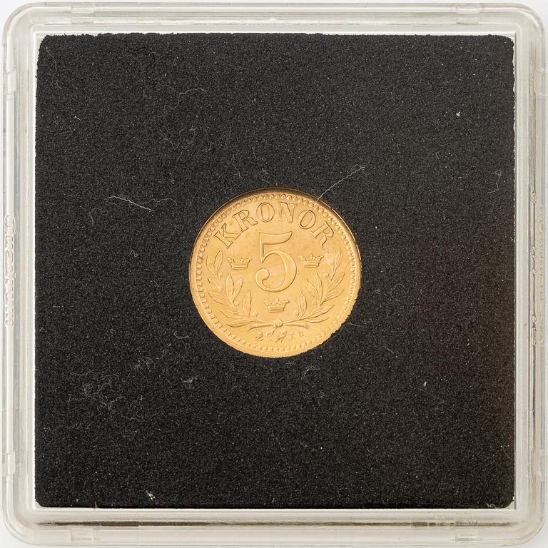 Gold coin, Oscar II, 5 kronor, type II, Sweden 1901.