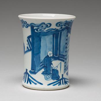 A blue and white Transitional brush pot, 17th Century with Chenghua mark.