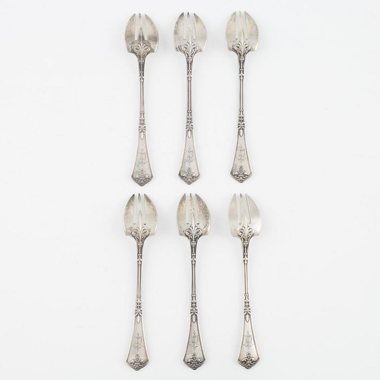 Six French Silver Oyster Forks, mark of Lapparra & Gabriel, Paris (1902-1923).