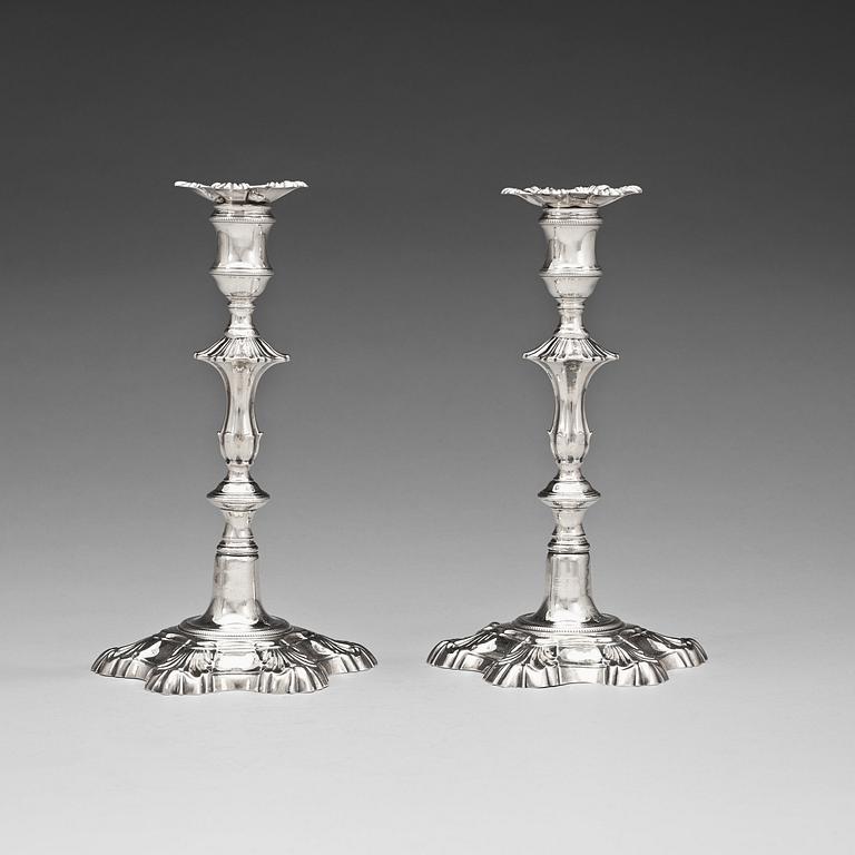A pair of English mid 18th century silver candlesticks, marks of John Cafe, London 1753.