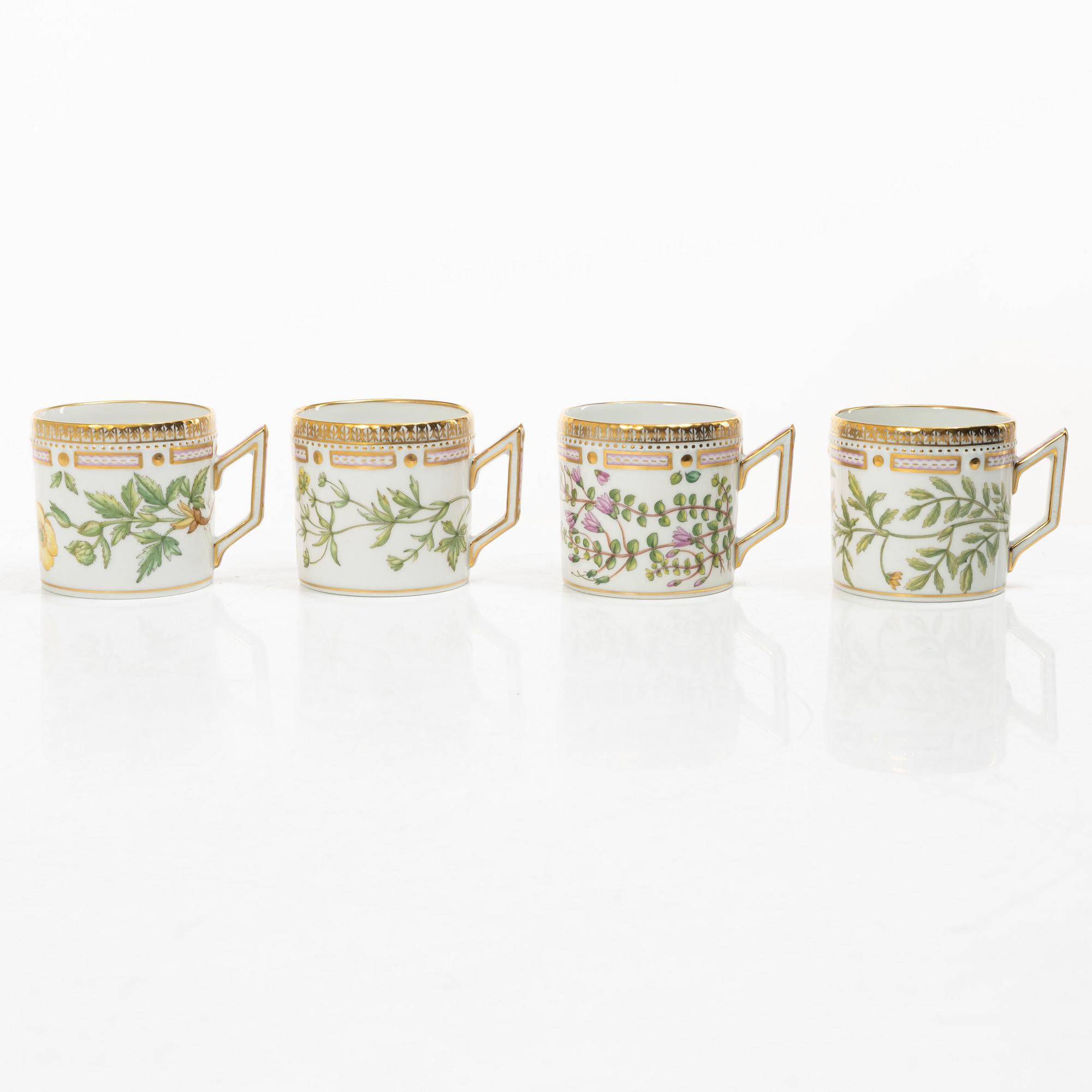 Royal Copenhagen, seven mocka cups with saucers, 'Flora Danica', Denmark.