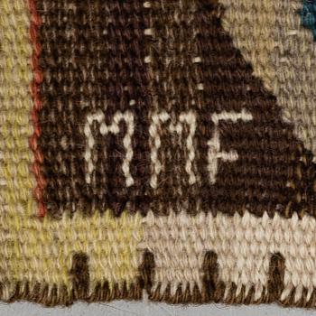 A TEXTILE, a detail from the textile "Juniblommor", tapestry weave, ca 37 x 41 cm, signed MMF.