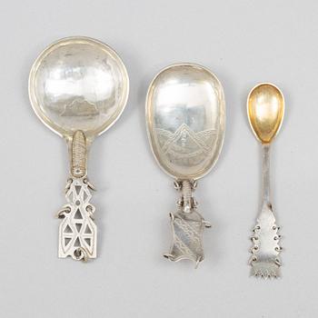 Three silver spoons, one with mark of Oskar Strömberg, Haparanda 1899.