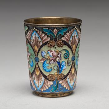 A Russian early 20th century silver-gilt and enamel beaker, mark of the 6th Artel, Moscow 1908-1917.