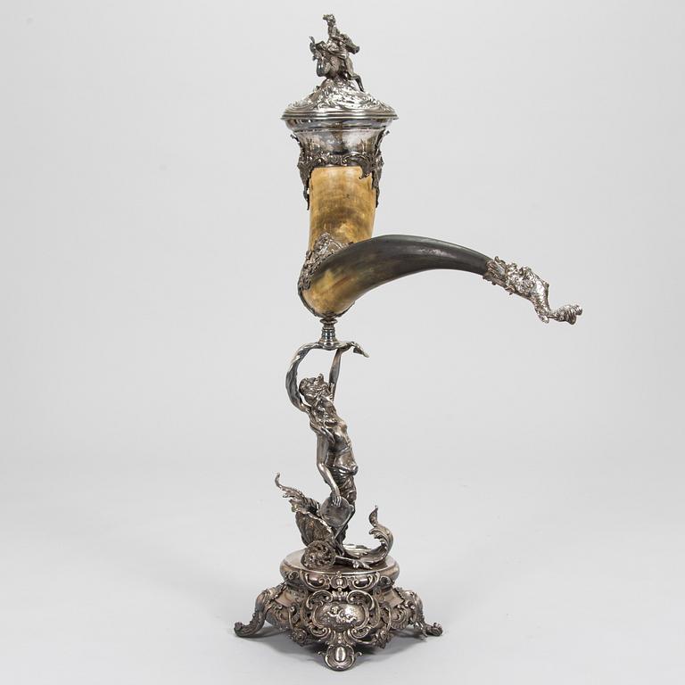 Silver-plated horn decoration, the end of 19th century. Height 93 cm.