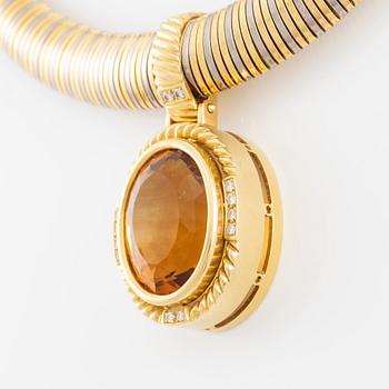 Collier med hänge, 18K guld med citrin och briljantslipade diamanter.