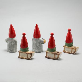 Five candle holders by Lisa Larson, stoneware, Gustavsberg, K-Studio, end 19th century.