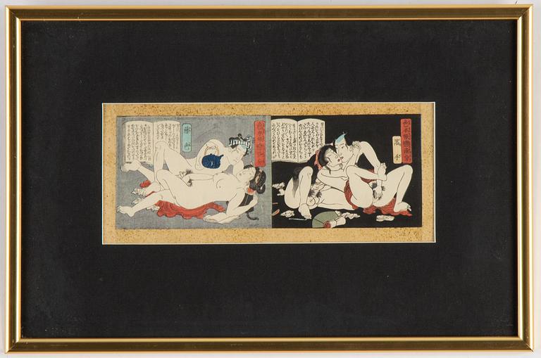 Six Japanese sheets from album, Shunga, late 19th/early 20th century.