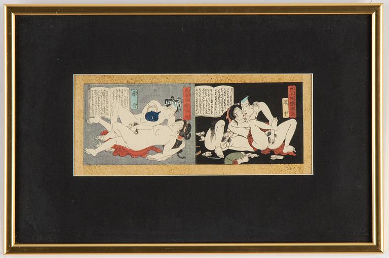 Blad ur album, 6 st, färgträsnitt. Japan, sent 1800/tidigt 1900-tal.