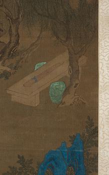 A hanging scroll of a garden scenery with court-ladies and attendants, Qing dynasty, 19th century.