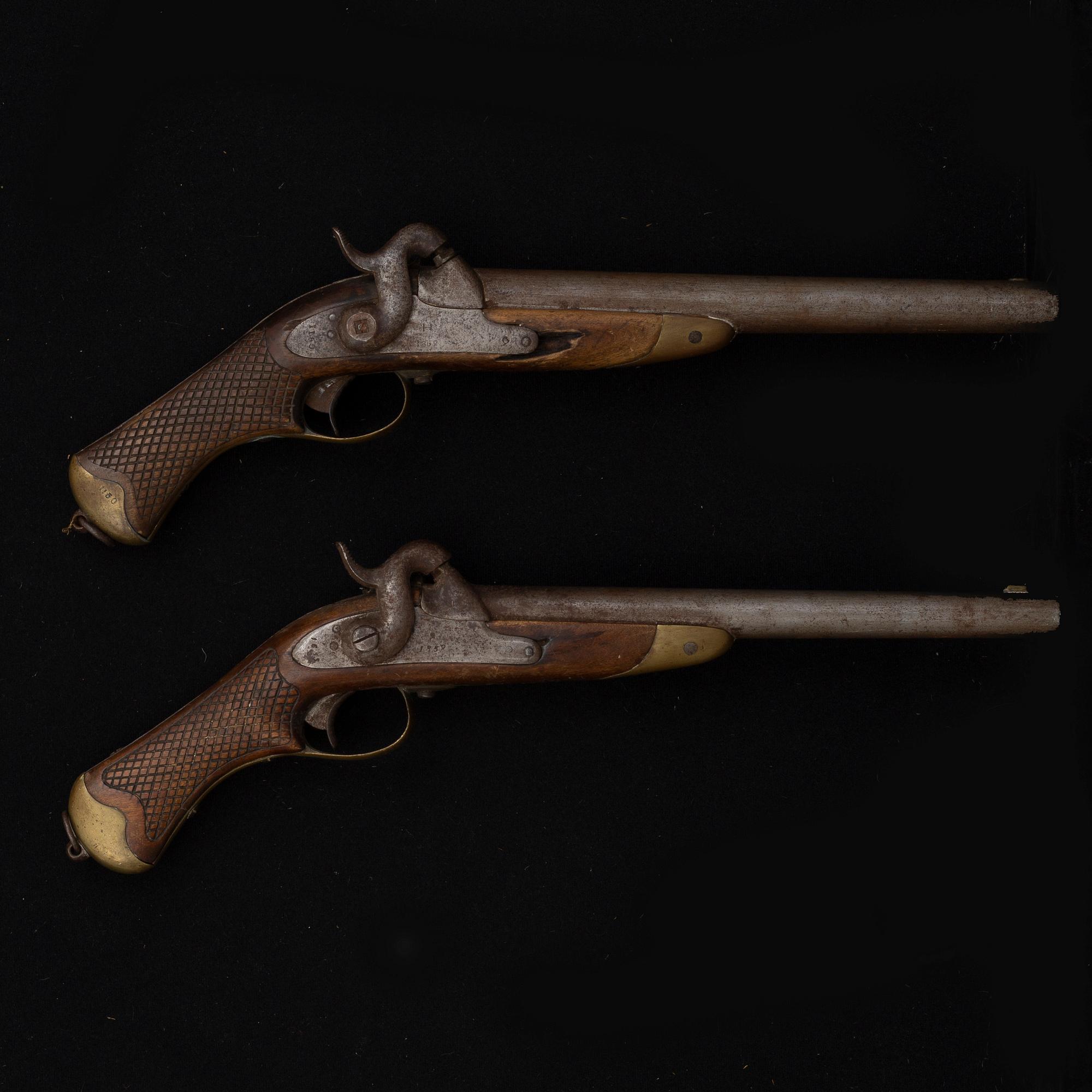 Two Swedish cavalry percussion lock pistols model 1850, marked 1852.