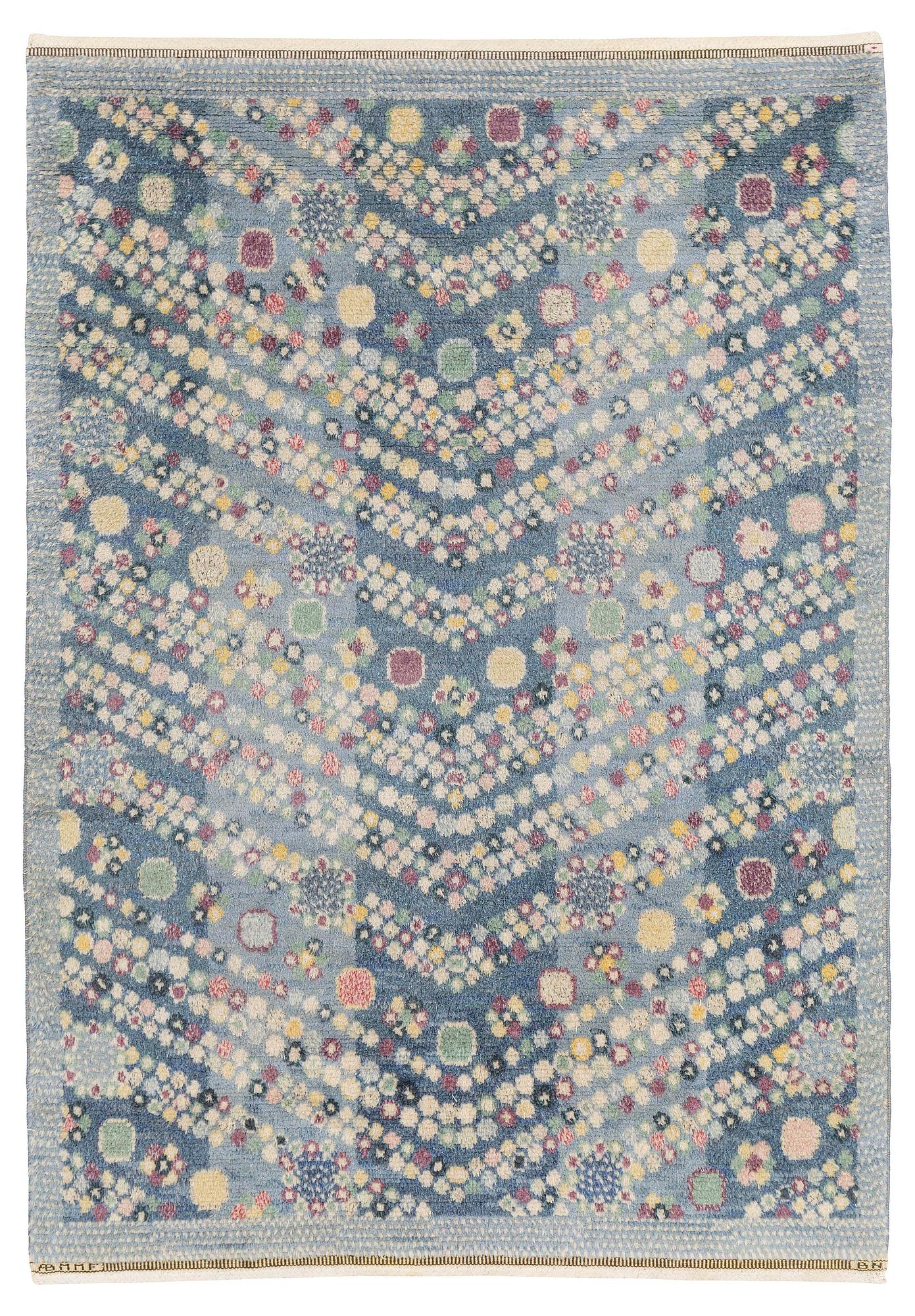 Barbro Nilsson, a carpet, 'Violetta blå', knotted pile, c. 217 x 150 cm, signed AB MMF BN.
