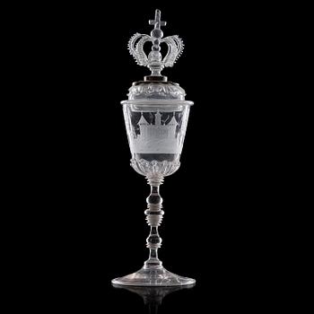 POKAL med samtida men ej ursprungligt LOCK, glas. Tyskland samt locket Kungsholms glasbruk, 1700-tal.