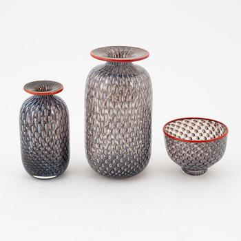 Bertil Vallien, a glass bowl and two vases, Artists collection, Boda, Sweden.