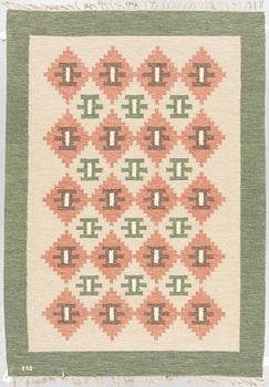 A carpet, flat weave, ca 227,5 x 163,5-168,5 cm, signed IH.