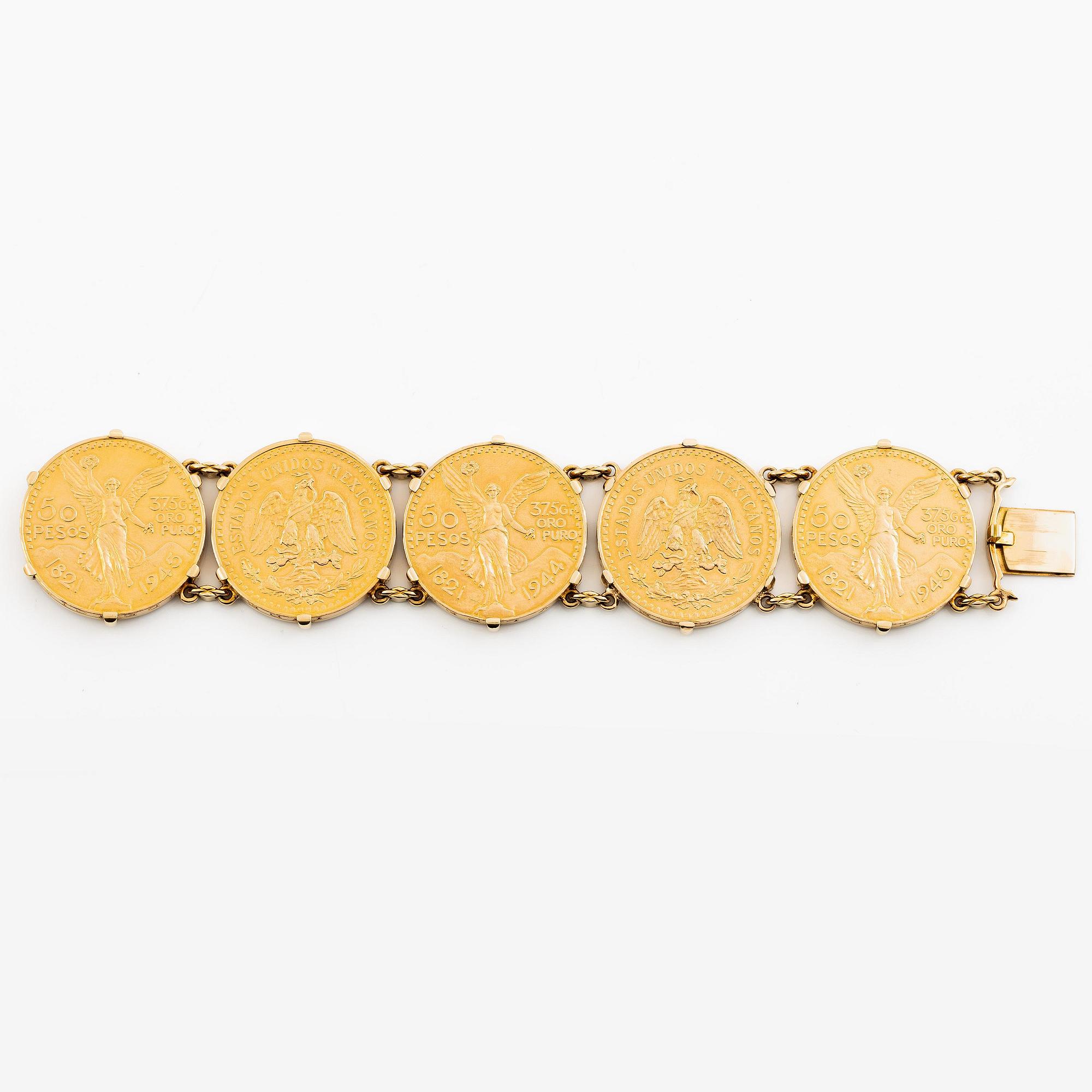 A bracelet gold set with mexican gold coins.