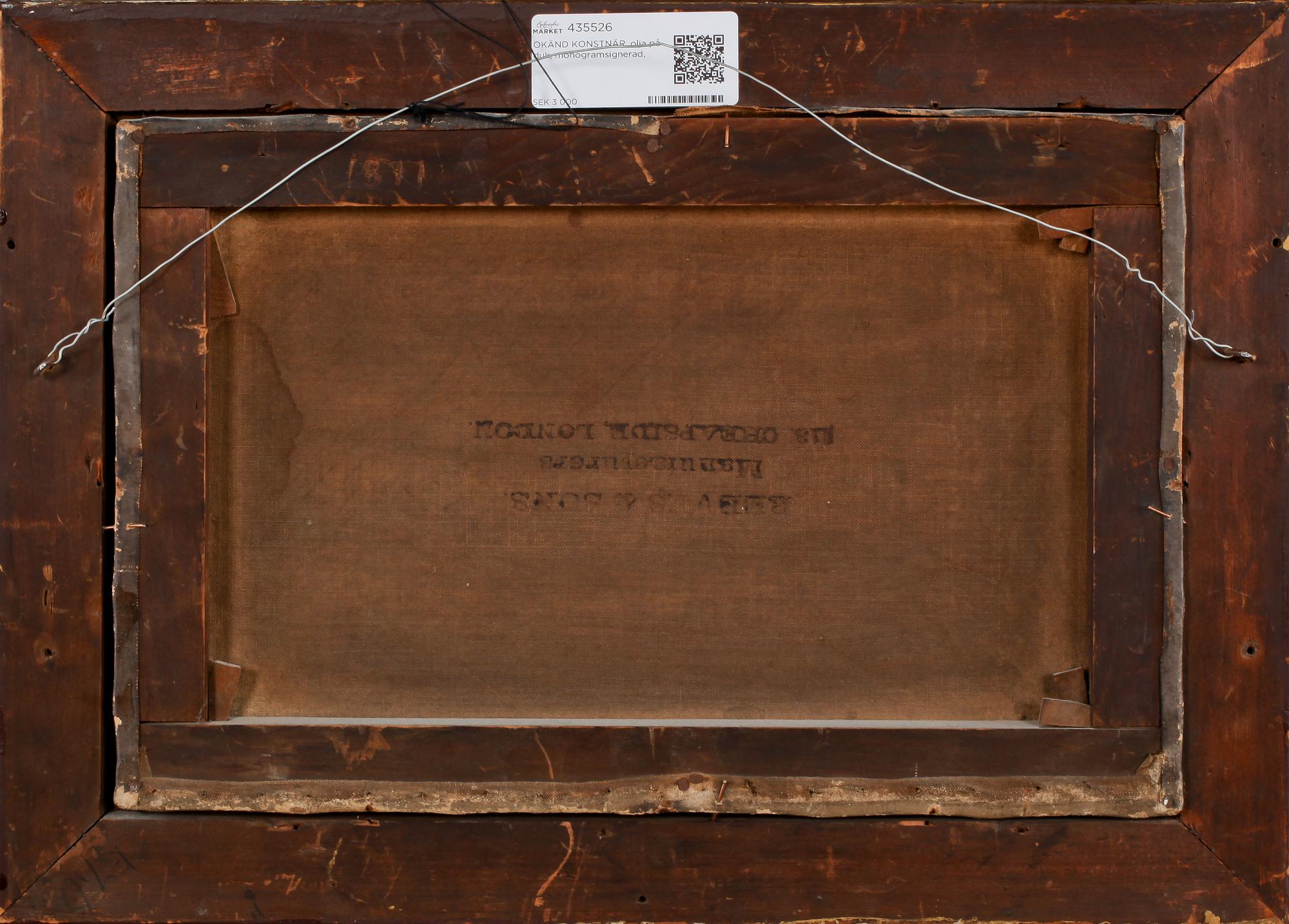 OKÄND KONSTNÄR, olja på duk, monogramsignerad, 1800-tal.