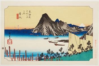 ANDO HIROSHIGE, senare avdrag, mapp, "The fifty-three stations on the tokaido", utgiven av Kata Hanga Kenkyujo.
