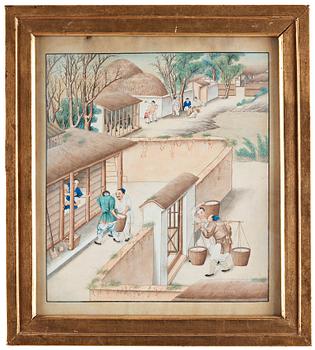AKVARELLER, nio stycken. Okänd konstnär, Qingdynastin, 1800-tal.