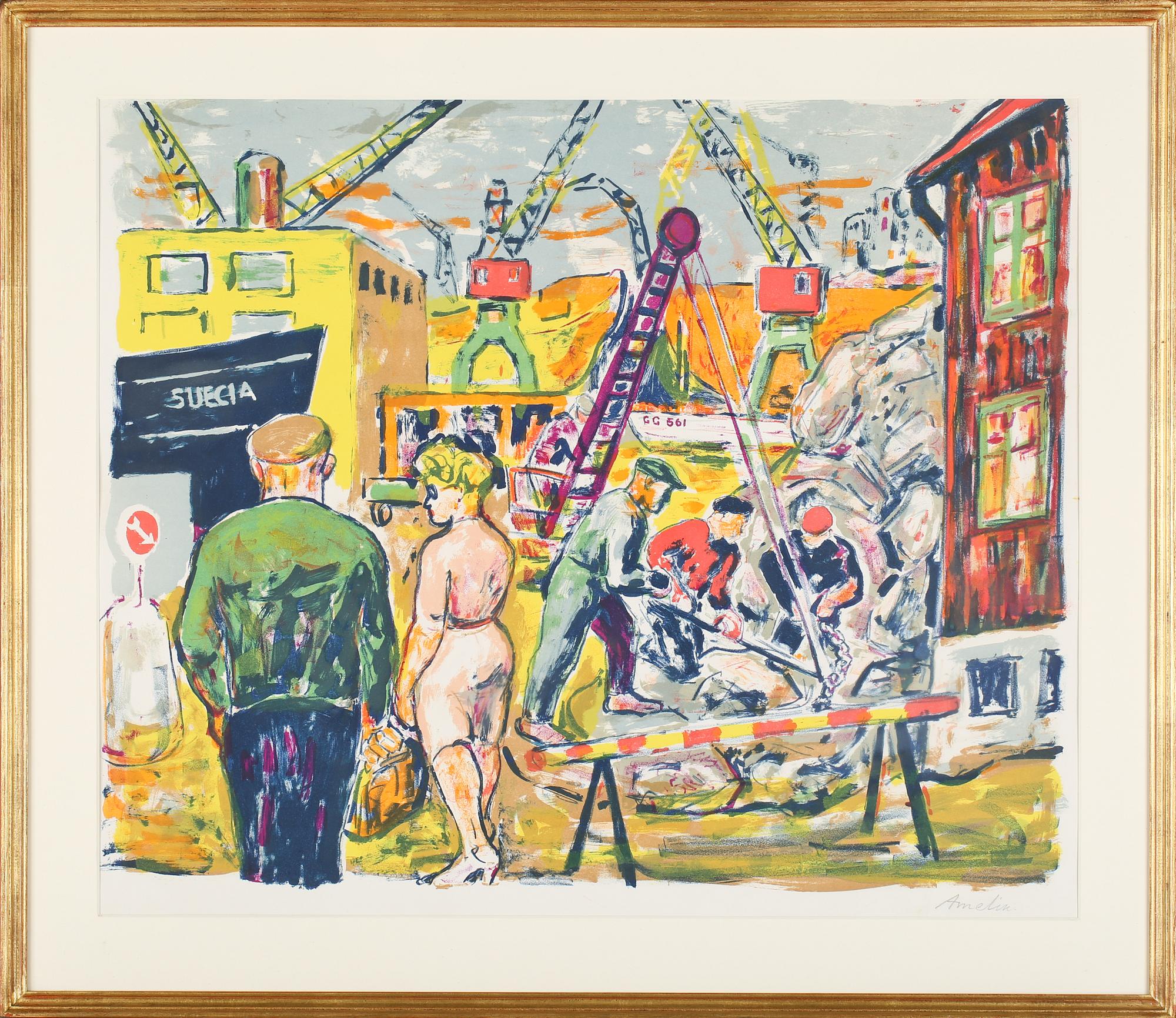 ALBIN AMELIN, färglitografi, signerad.
