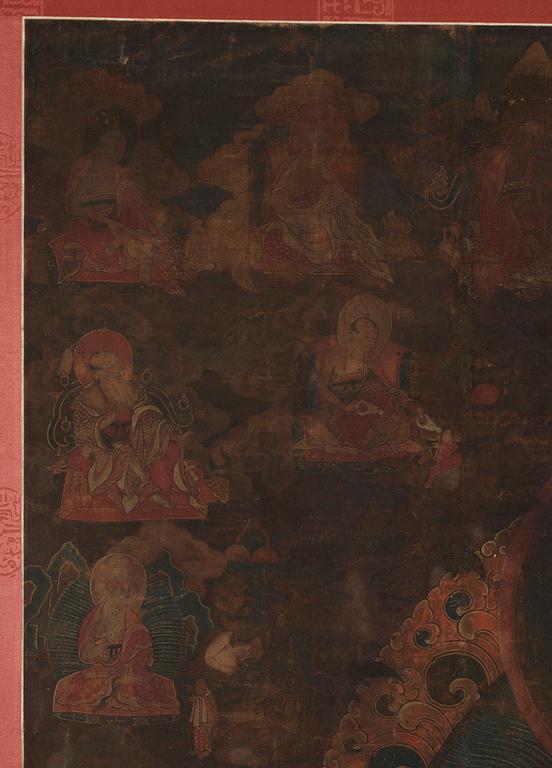 A Tibetan thangka of Shakyamuni Buddha with the eighteen  arhats, 18th century.