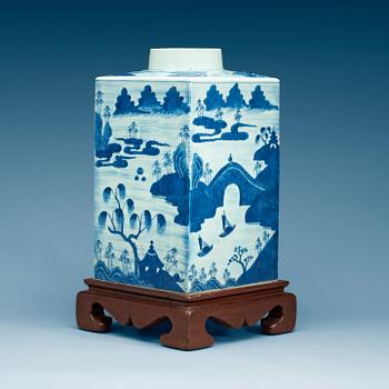 A large Chinese blue and white tea caddy.