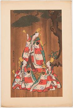 JAPANILAINEN PUUPIIRROS, triptyykki, myöhempi painos, 1900-luvun ensimmäinen puolisko, sekä kolme painotyötä.