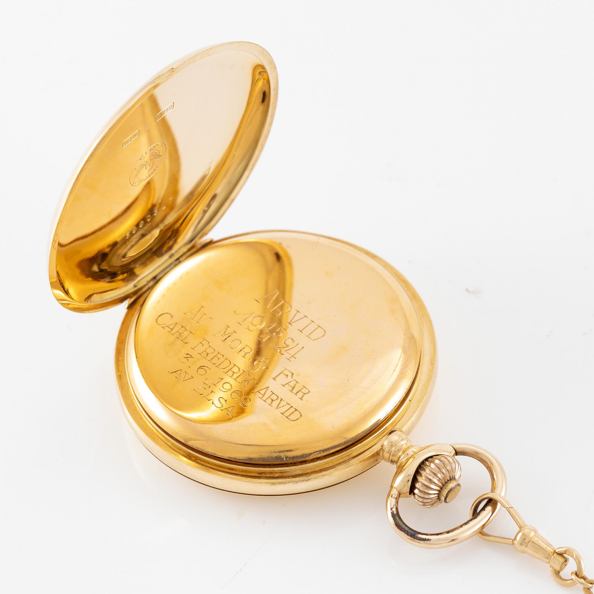 Longines, pocket watch, hunter, 18K gold with chain, 52 mm.