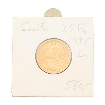 Gold coin, Switzerland, 20 Franc, 1935.