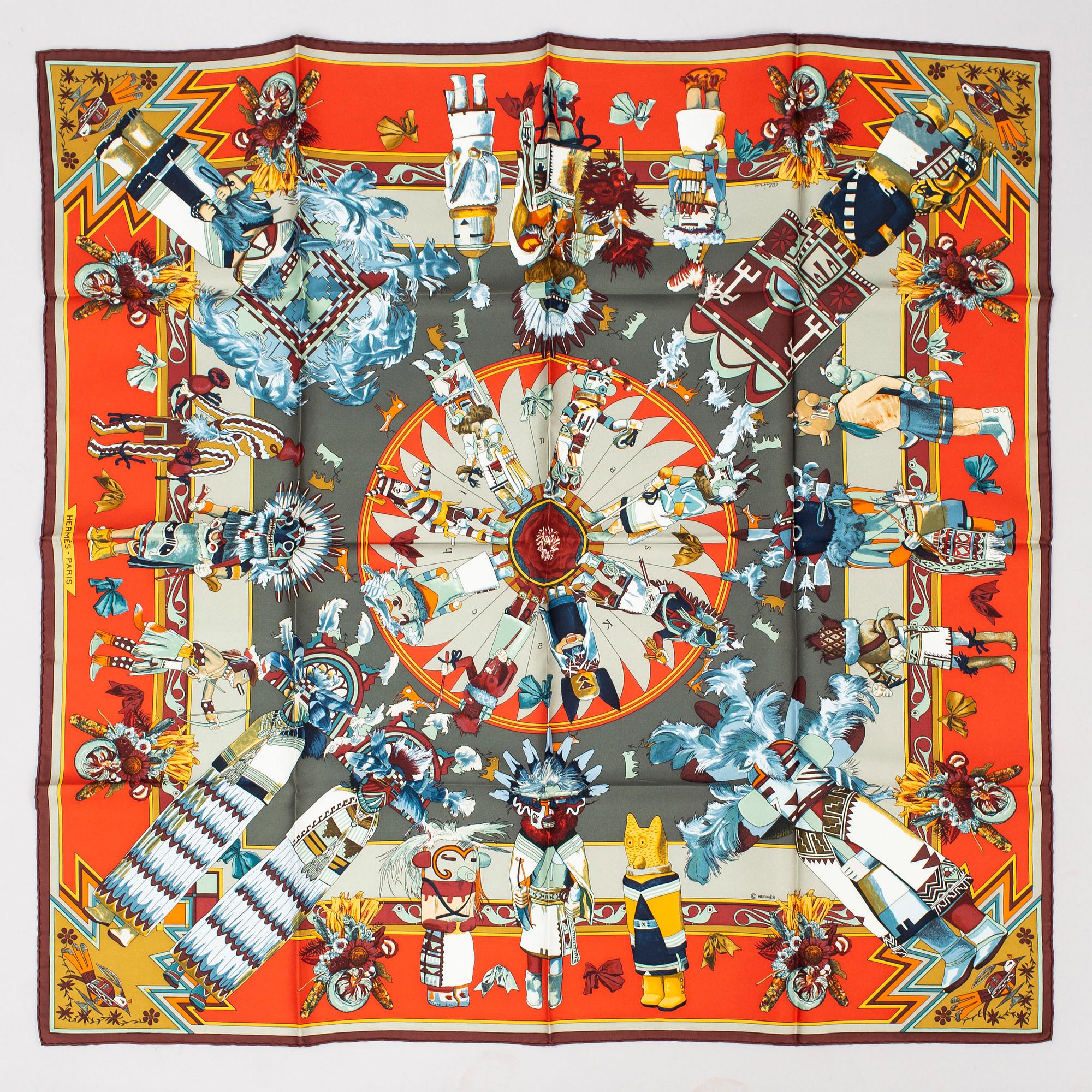 HERMÈS, 3 scarves, "Chasse Au Bois", "Art des steppes" & "Kachinas".