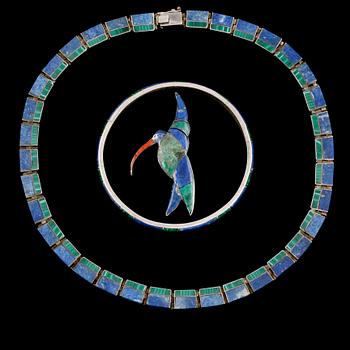 GARNITYR,  3 delar, silver malakit samt lapis lazuli. Vikt 70,4 g.