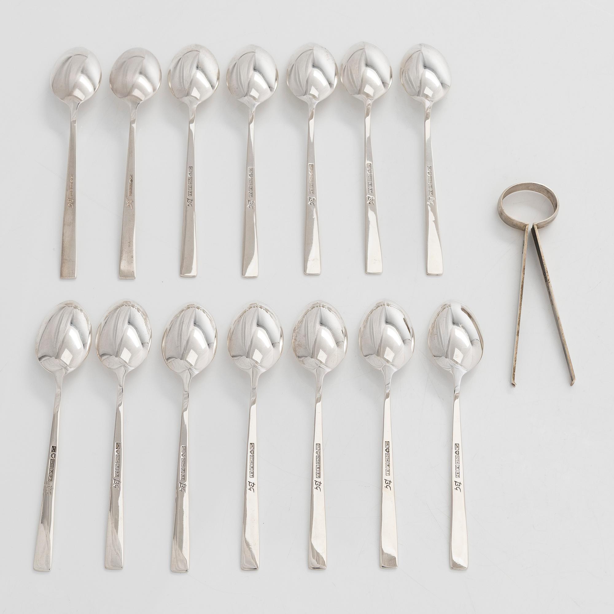 Bertel Gardberg, kaffeskedar, 14 kpl, samt sockertång, silver, "Birgitta", Kultateollisuus, Åbo 1968-1993.