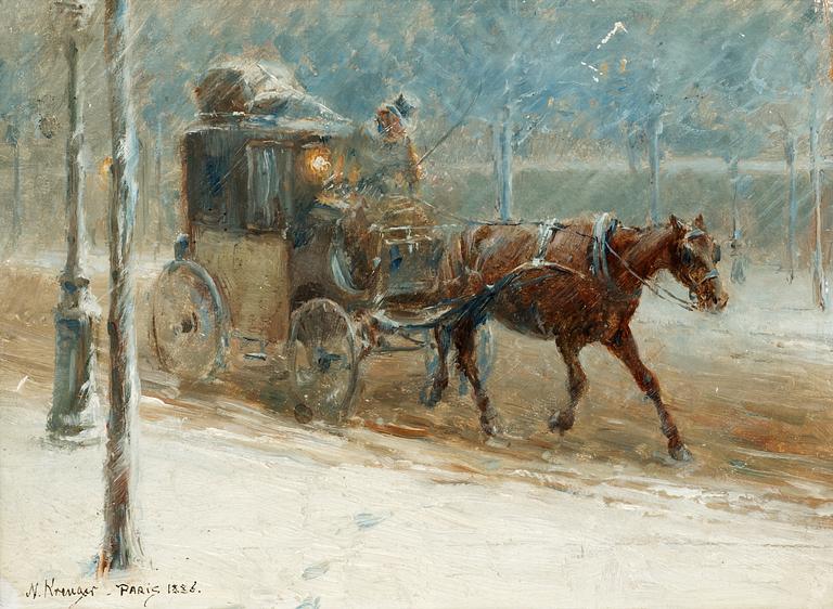 Nils Kreuger, Boulevard scene with horse and coach in winter.