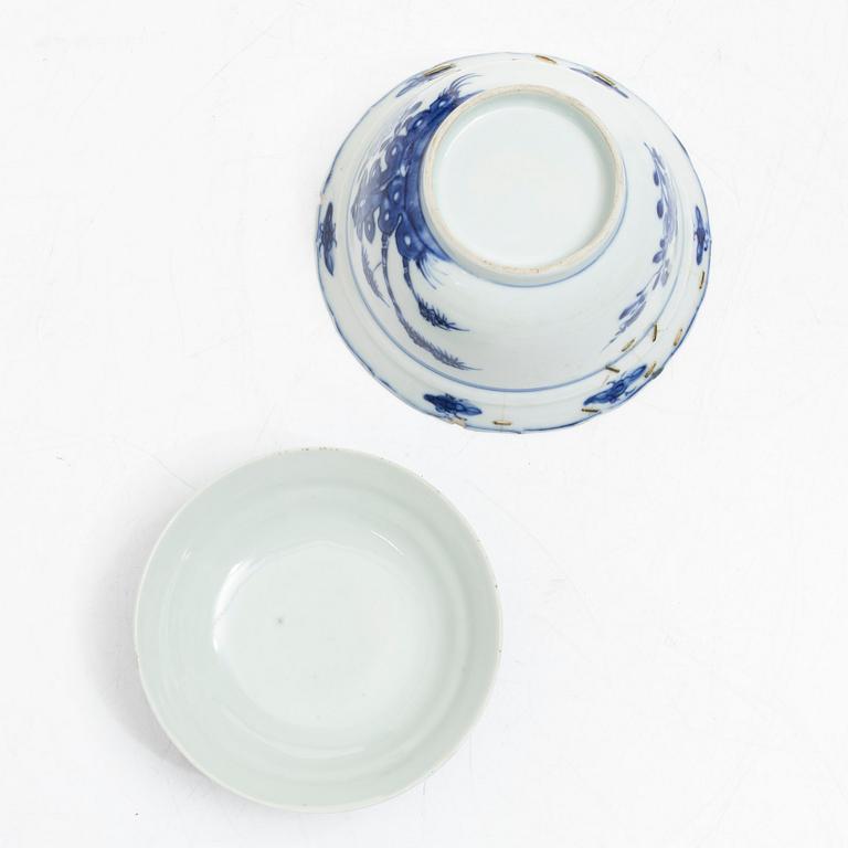 A blue and white butter dish with stand and cover, and a blue and white bowl with cover, China, Qianlong (1736-95).