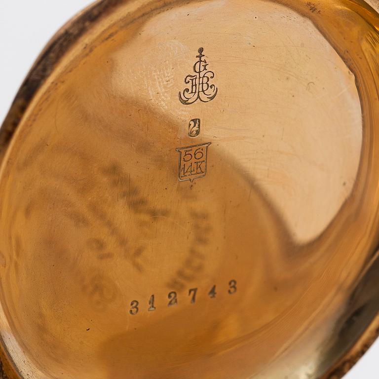 Pocket watch, Borel Neuchatel, 53 mm, 14K gold, lever escapement, plastic crystal.